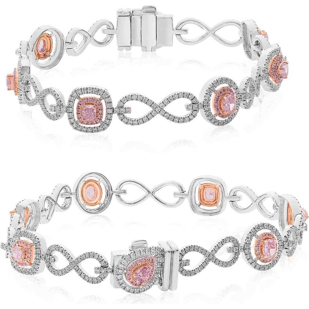 Roman & Jules - 18K White & Rose Gold Mixed Shape Pink Diamond Bracelet with Round and Cushion Cut Diamonds - 2.72 Carat Total Diamond Weight