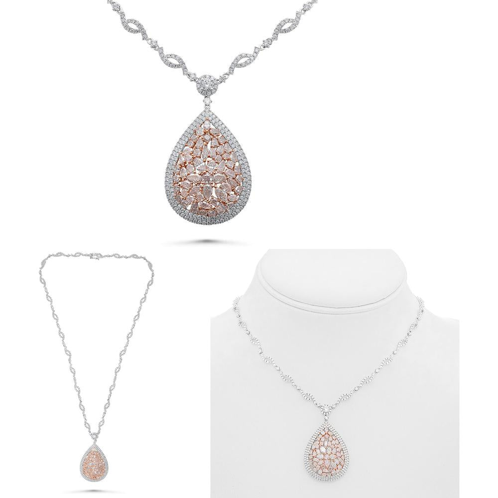 Roman & Jules - 18K White and Rose Gold Necklace with Cluster Set Pink and Round Diamonds - 5.30 Carat Total Diamond Weight
