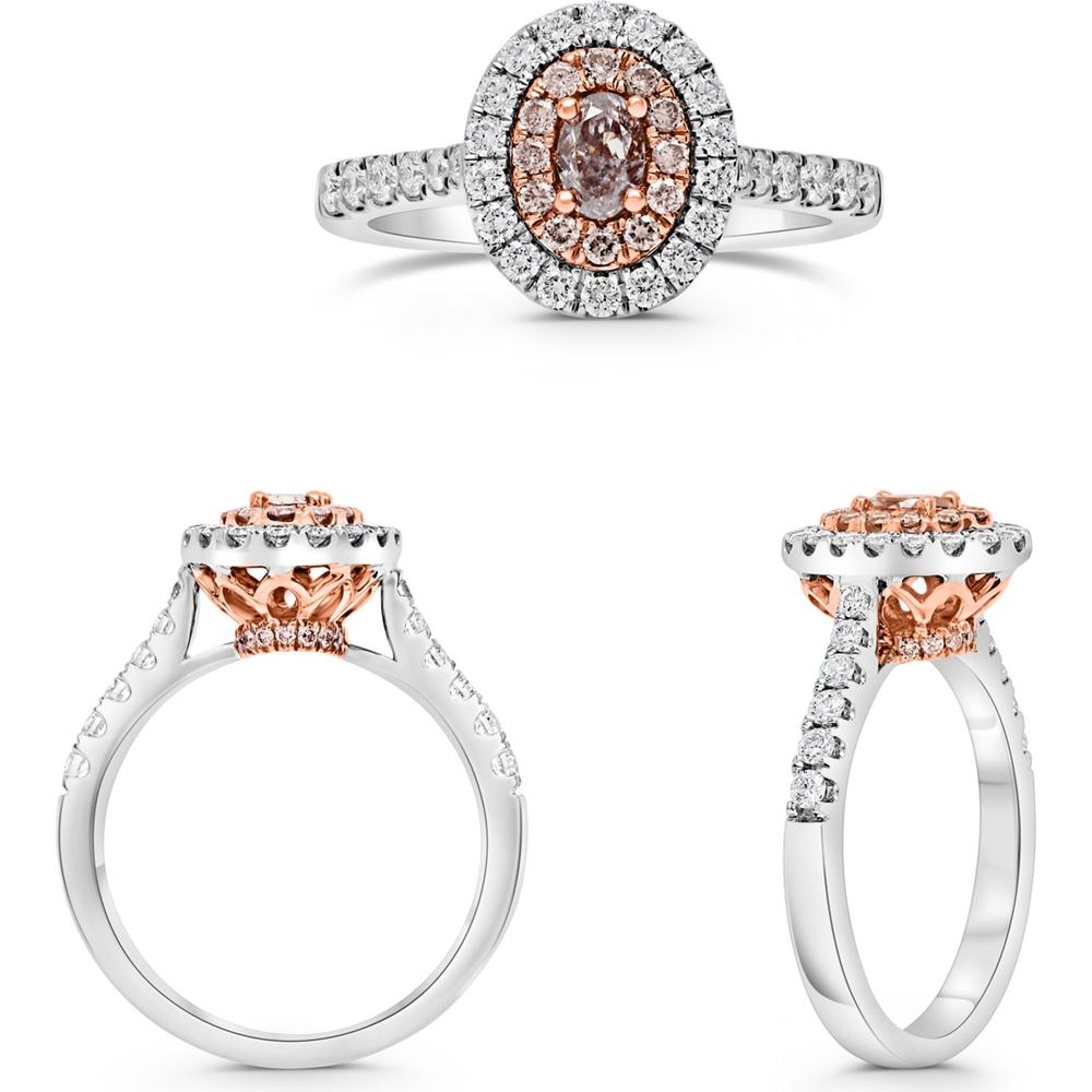 Roman & Jules - 18K White & Rose Gold Oval Pink Diamond Halo Ring with Round Diamonds - 0.44 Carat Total Diamond Weight