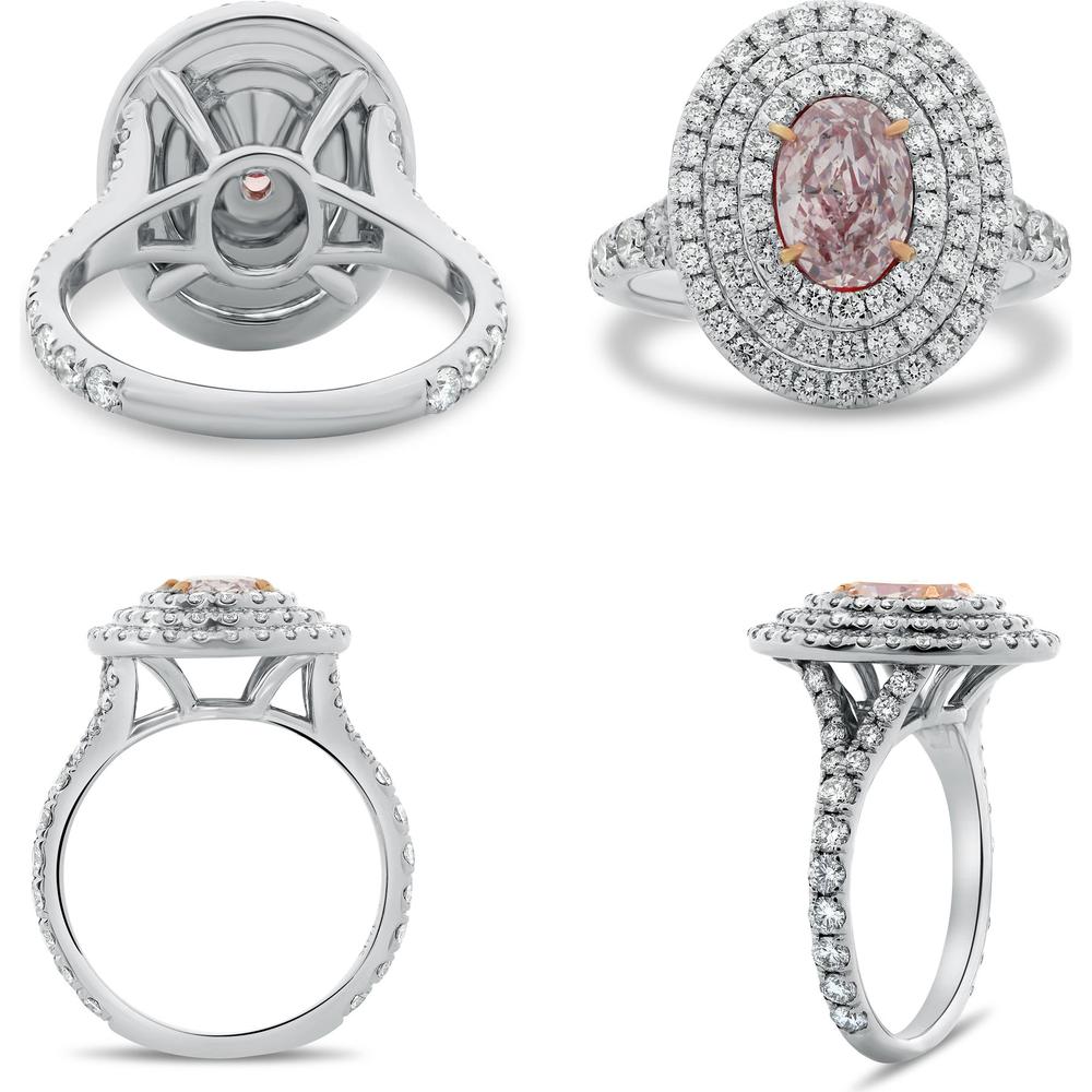 Roman & Jules - 18K White and Rose Gold Oval Pink Diamond Triple Halo Ring with Round Diamonds - 1.02 Carat Total Diamond Weight