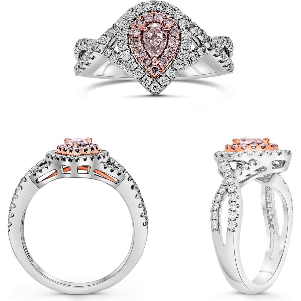 Roman & Jules - 18K White & Rose Gold Pear Shaped Pink Diamond Halo Ring - 0.58 Carat Total Diamond Weight
