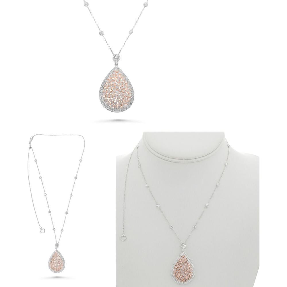 Roman & Jules - 18K White & Rose Gold Pink Diamond Cluster Necklace with Round and Mixed Shape Diamonds - 3.85 Carat Total Diamond Weight