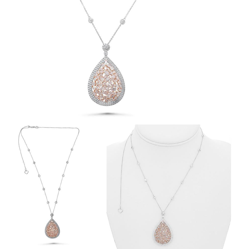 Roman & Jules - 18K White and Rose Gold Pink Diamond Cluster Teardrop Necklace - 4.20 Carat Total Pink Diamond Weight