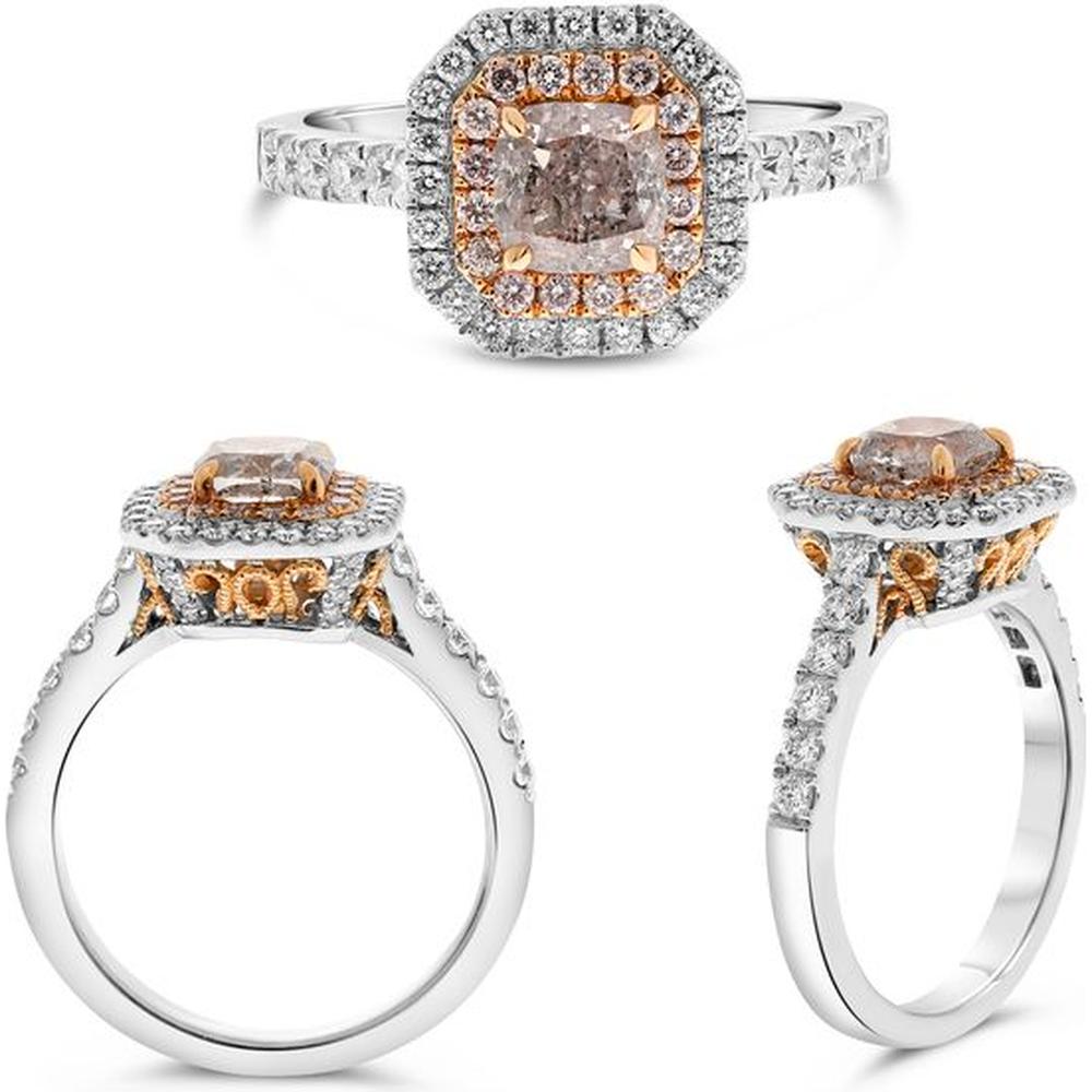 Roman & Jules - 18K White and Rose Gold Radiant Pink Diamond Halo Ring with Round White Diamonds - 1.00 Carat Total Diamond Weight
