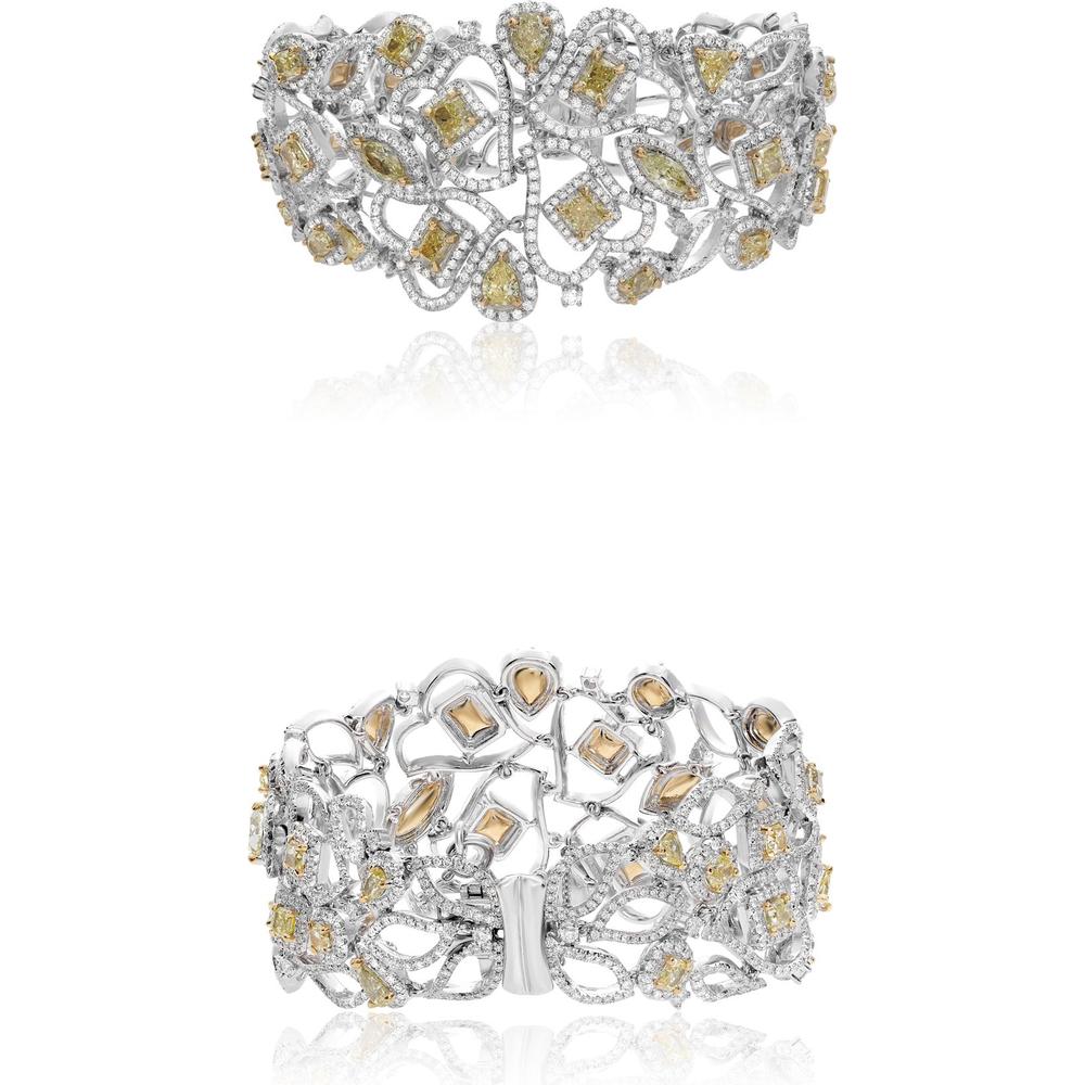 Roman & Jules - 18K White and Yellow Gold Abstract Bracelet with Fancy Yellow Diamonds - 8.98 Carat Total Diamond Weight