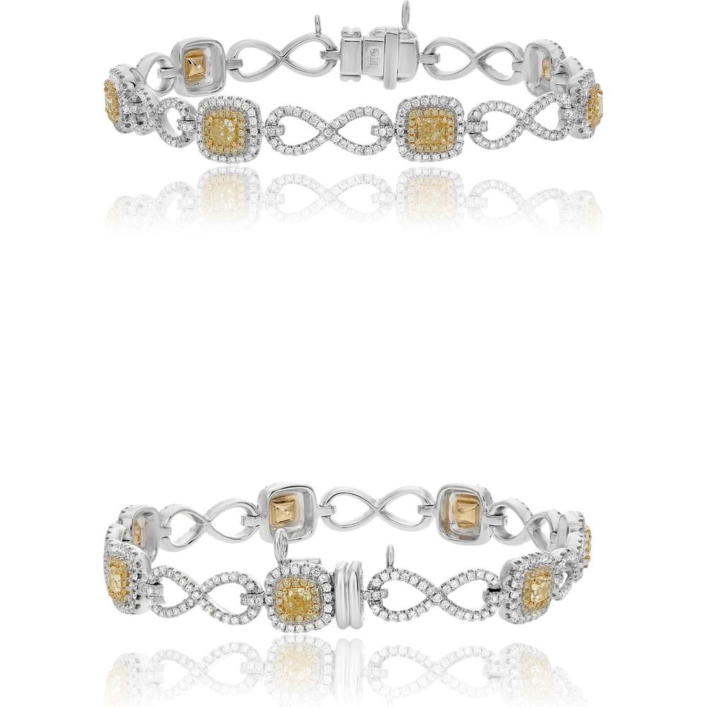 Roman & Jules - 18K White and Yellow Gold Bracelet with Fancy Yellow Cushion Cut Diamonds and Round Diamond Halo - 1.66 Carat Total Diamond Weight