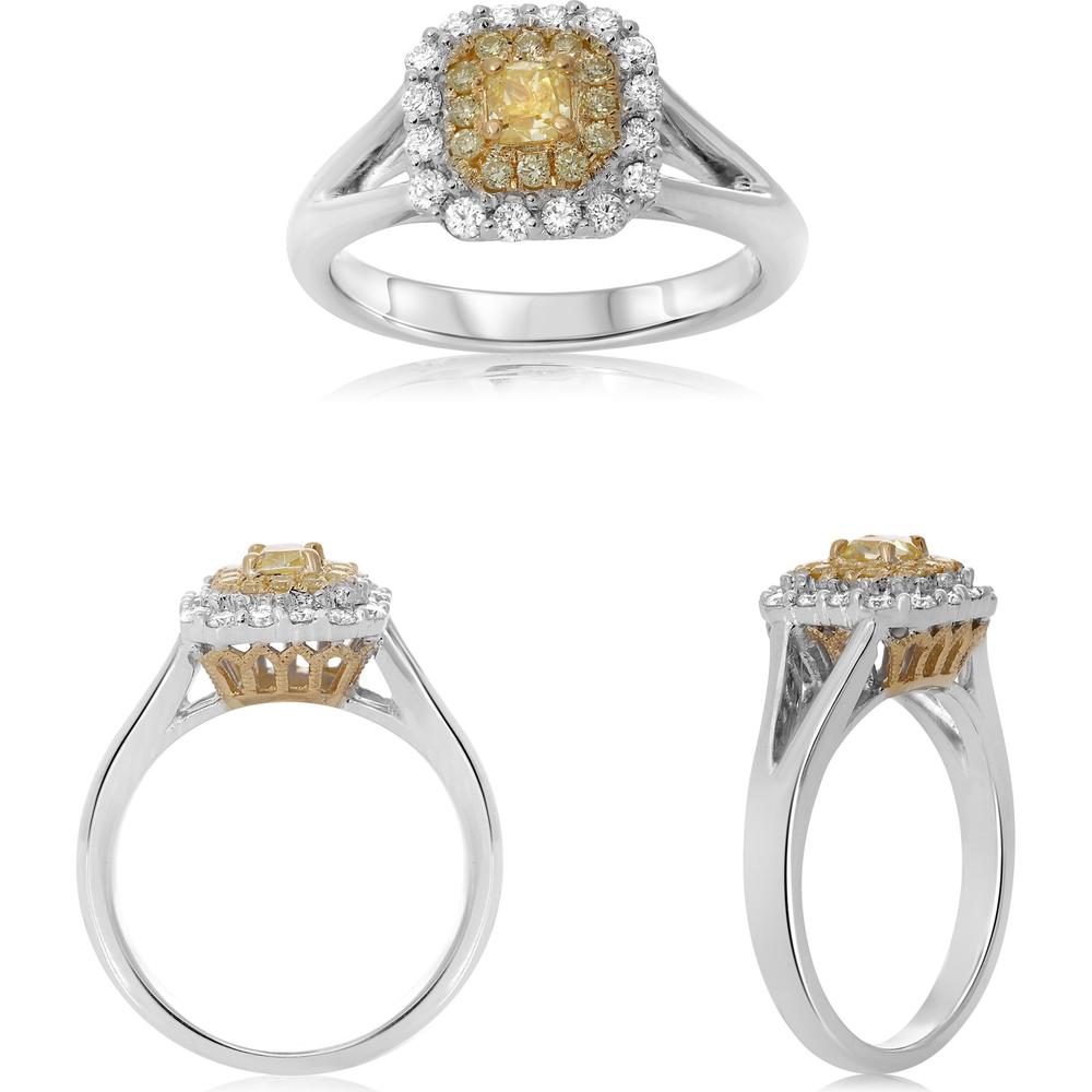 Roman & Jules - 18K White and Yellow Gold Cathedral Set Double Halo Diamond Ring with Fancy Yellow Diamond - 0.26 Carat Total Diamond Weight