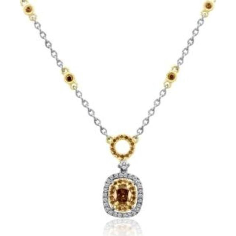 Roman & Jules - 18K White and Yellow Gold Cushion Cut Champagne Diamond Necklace with Halo of Round Diamonds - 0.84 Carat Total Diamond Weight