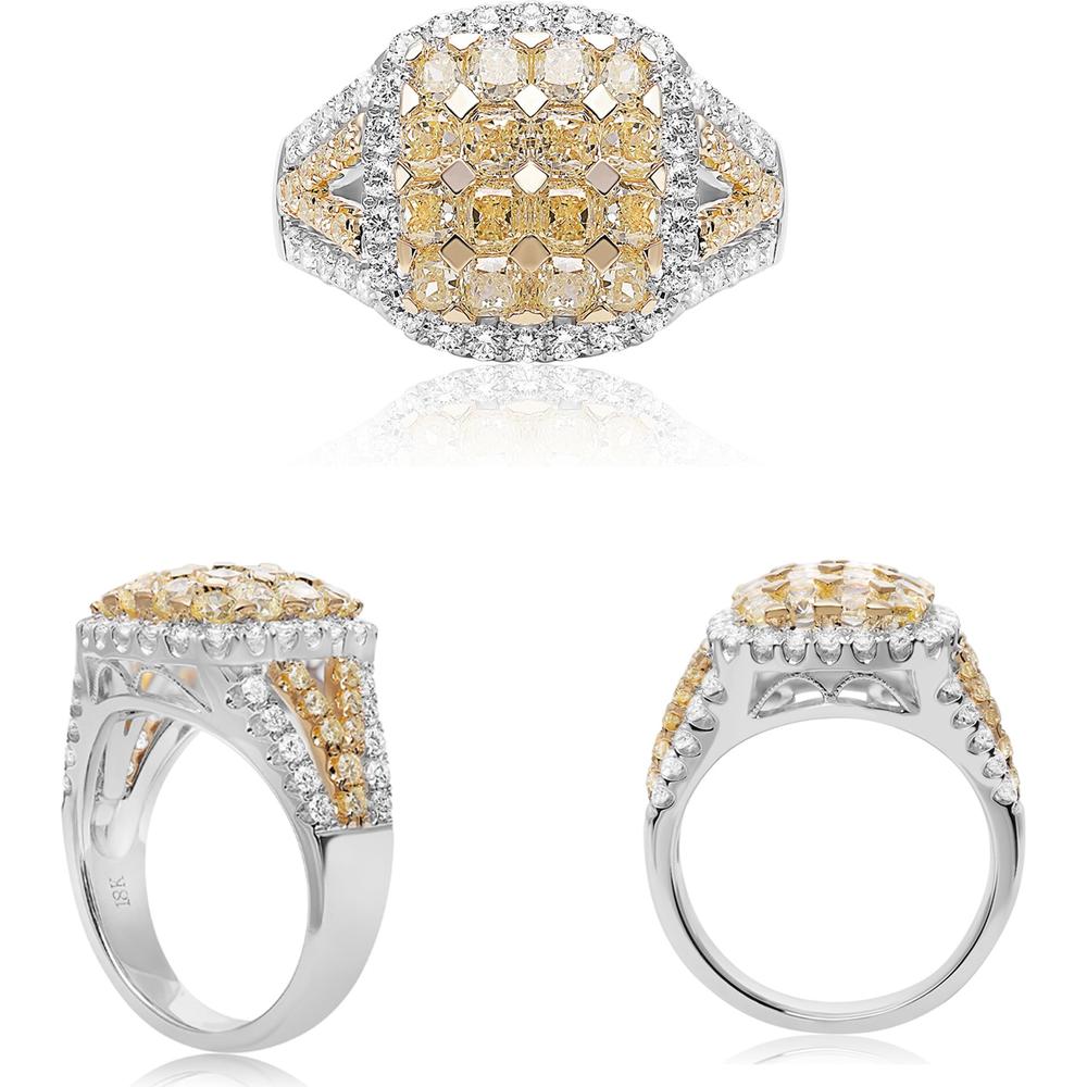 Roman & Jules - 18K White & Yellow Gold Cushion Cut Fancy Yellow Diamond Cluster Ring with Round Diamonds - 2.95 Carat Total Diamond Weight