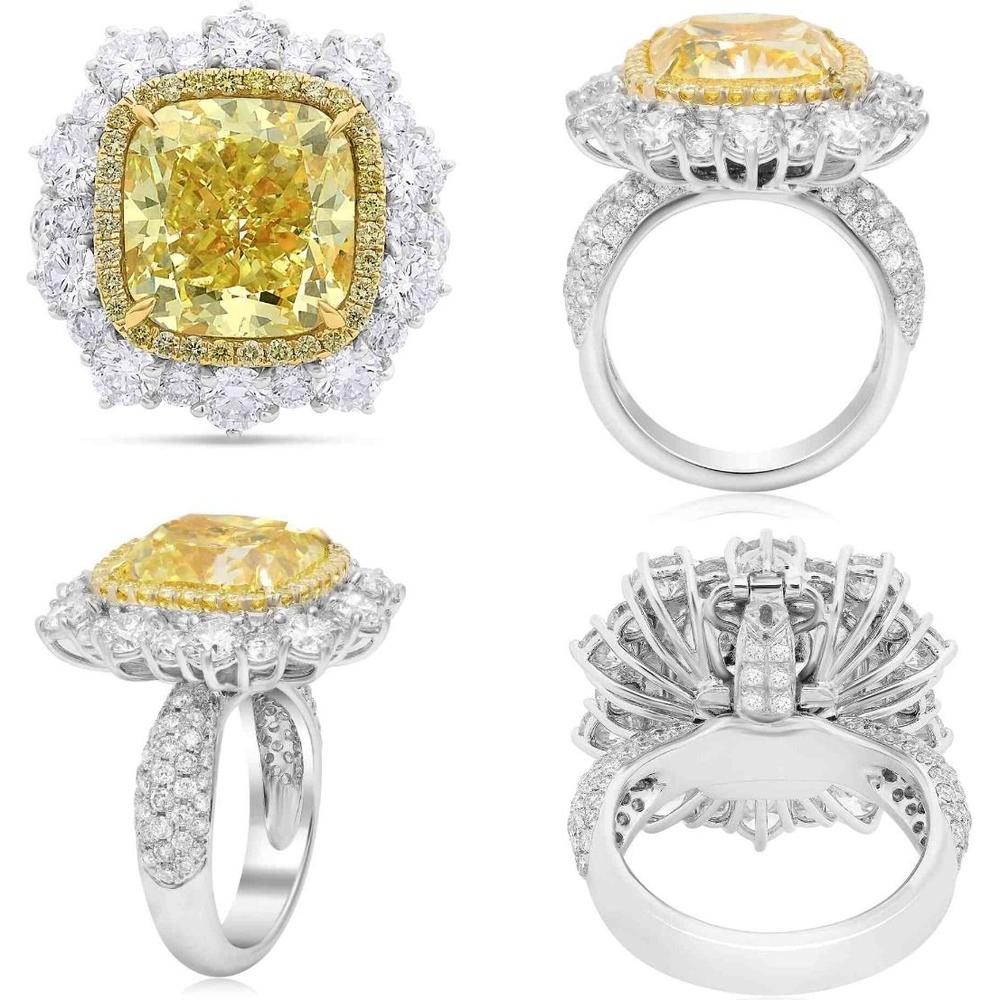 Roman & Jules - 18K White and Yellow Gold Cushion Cut Fancy Yellow Diamond Double Halo Ring with Round Diamonds - 1.89 Carat Total Diamond Weight
