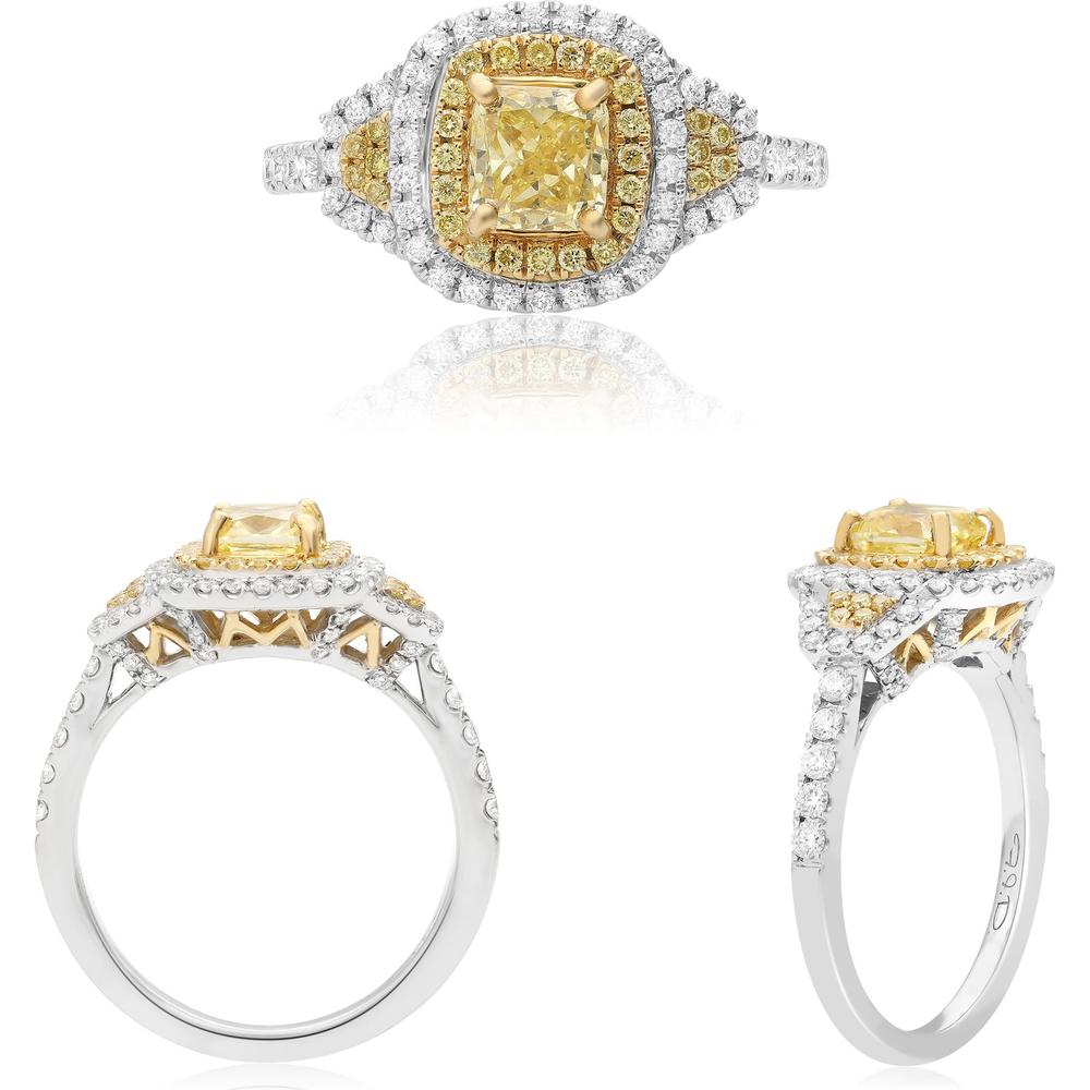Roman & Jules - 18K White and Yellow Gold Cushion Cut Fancy Yellow Diamond Double Halo Ring with Round White Diamonds - 0.82 Carat Total Diamond Weight