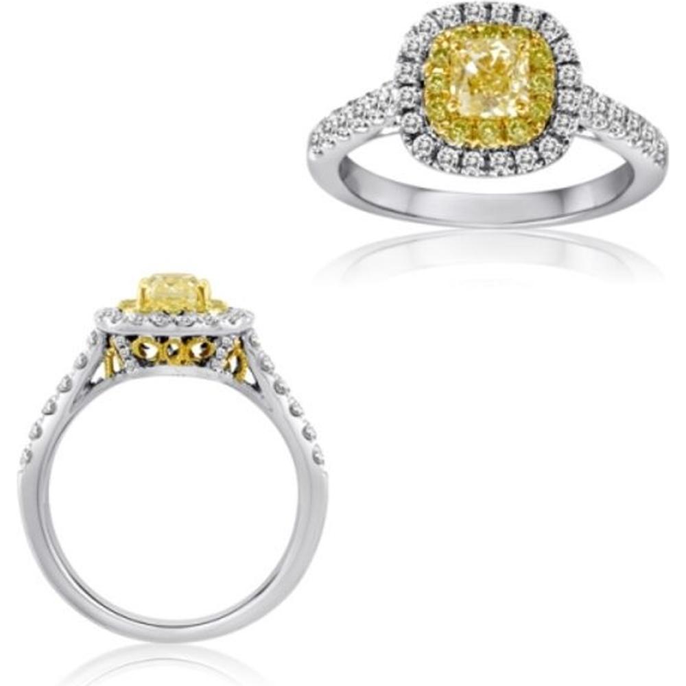 Roman & Jules - 18K White & Yellow Gold Cushion Cut Fancy Yellow Diamond Halo Ring - 0.22 Carat Fancy Yellow Diamond & 0.53 Carat Total Round Diamonds