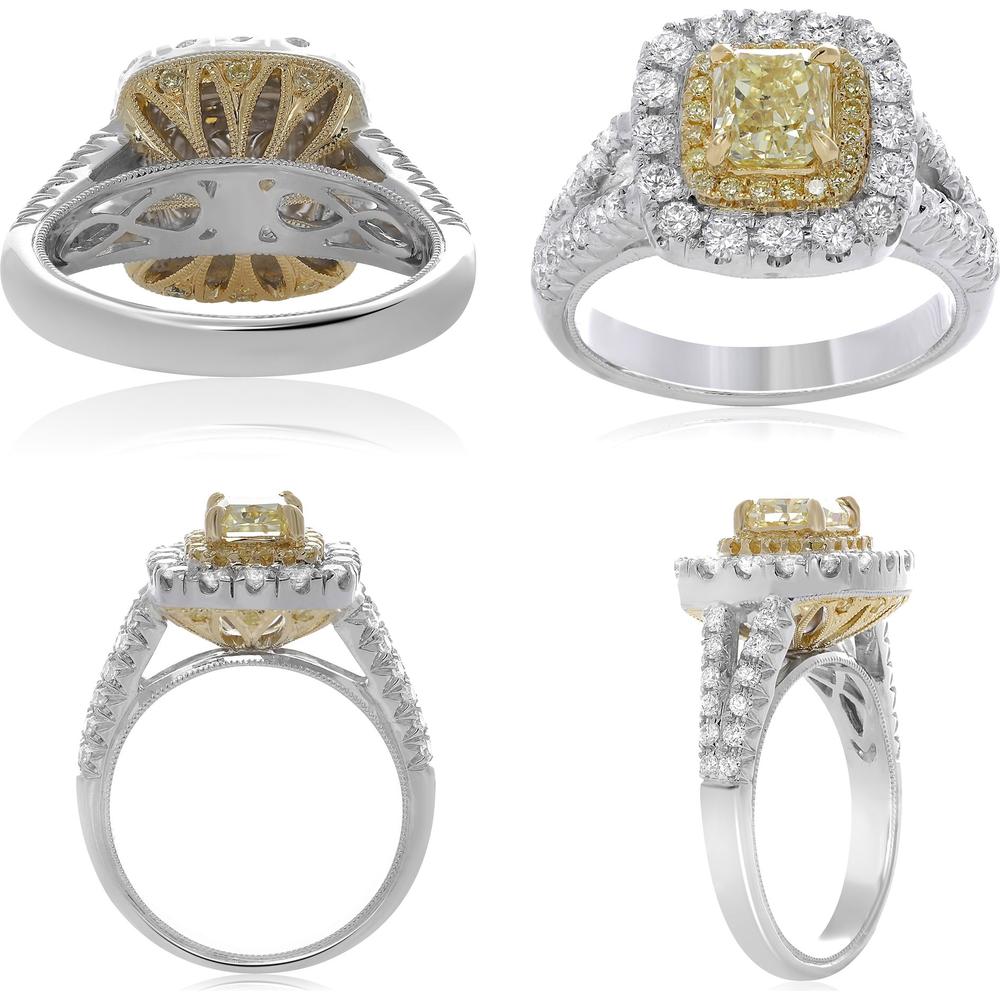 Roman & Jules - 18K White and Yellow Gold Cushion Cut Fancy Yellow Diamond Halo Ring - 1.02 Carat Total Diamond Weight