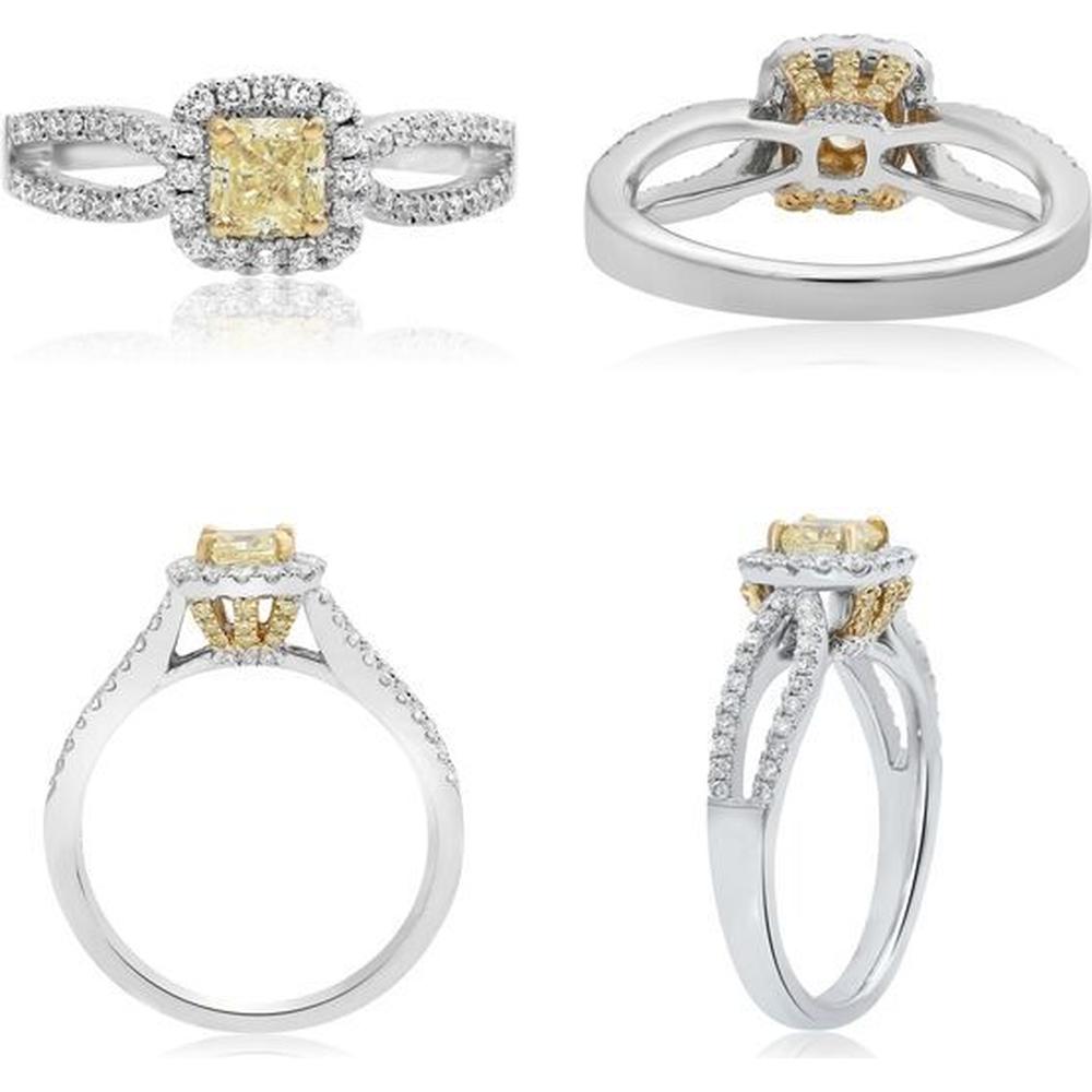Roman & Jules - 18K White and Yellow Gold Cushion Cut Fancy Yellow Diamond Halo Ring - 1.04 Carat Total Diamond Weight