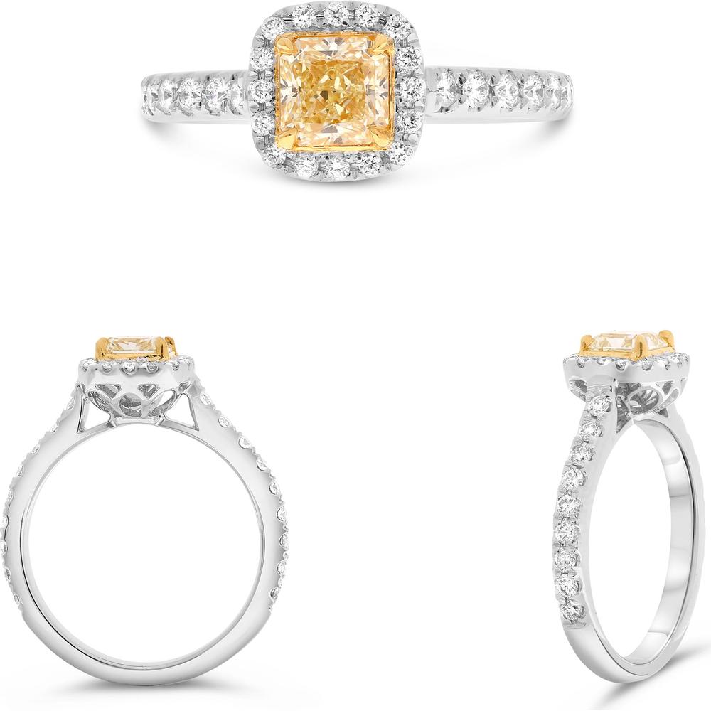 Roman & Jules - 18K White and Yellow Gold Cushion Cut Fancy Yellow Diamond Halo Ring - 1.18 Carat Total Diamond Weight