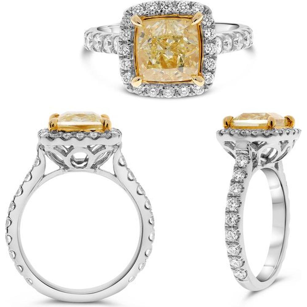 Roman & Jules - 18K White and Yellow Gold Cushion Cut Fancy Yellow Diamond Halo Ring - 2.05 Carat Total Diamond Weight