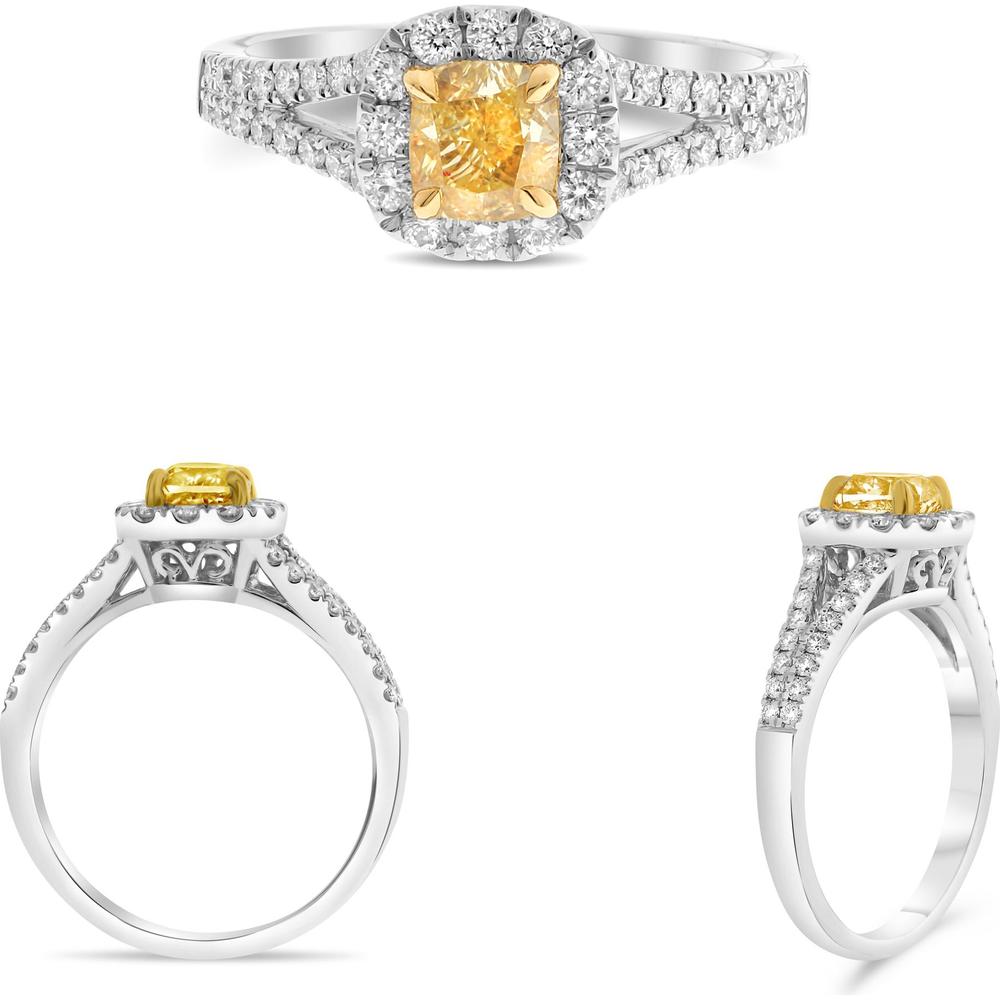 Roman & Jules - 18K White and Yellow Gold Cushion-Cut Fancy Yellow Diamond Halo Ring with Round Diamonds - 0.78 Carat Total Diamond Weight