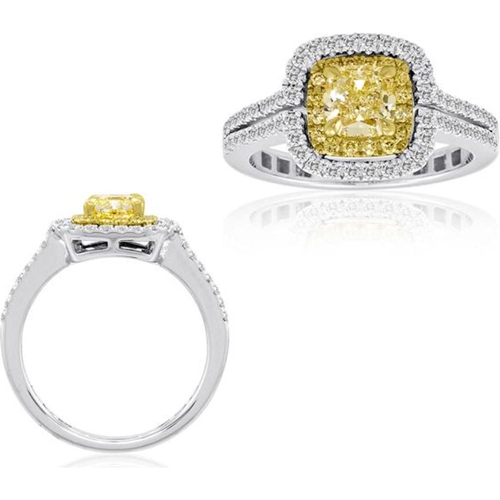 Roman & Jules - 18K White and Yellow Gold Cushion Cut Fancy Yellow Diamond Halo Ring with Round Diamonds - 1.00 Carat Total Diamond Weight