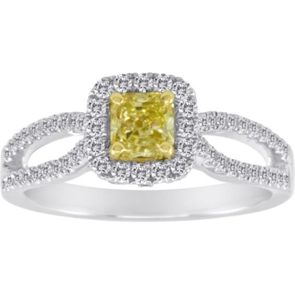 Roman & Jules - 18K White & Yellow Gold Cushion Cut Fancy Yellow Diamond Halo Ring with Round Diamonds - 1.20 Carat Total Diamond Weight