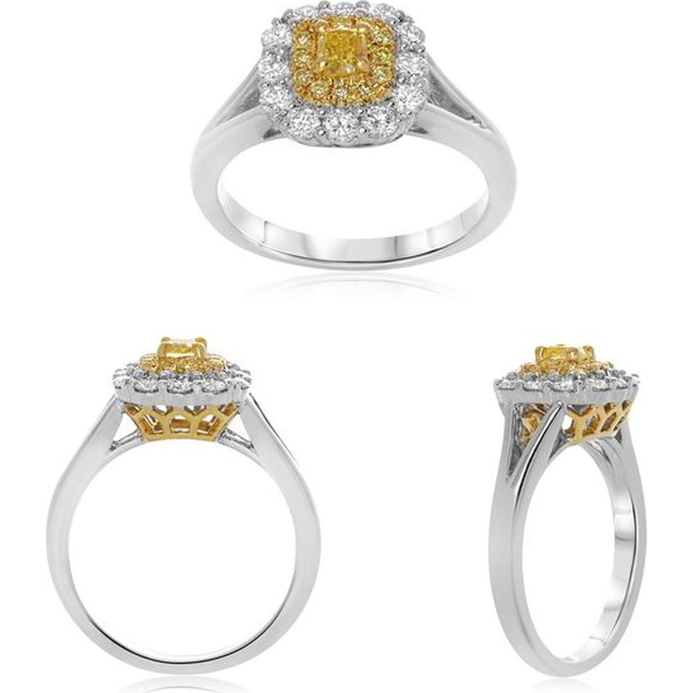 Roman & Jules - 18K White and Yellow Gold Cushion Cut Fancy Yellow Diamond Halo Ring with Round White Diamonds - 0.71 Carat Total Diamond Weight