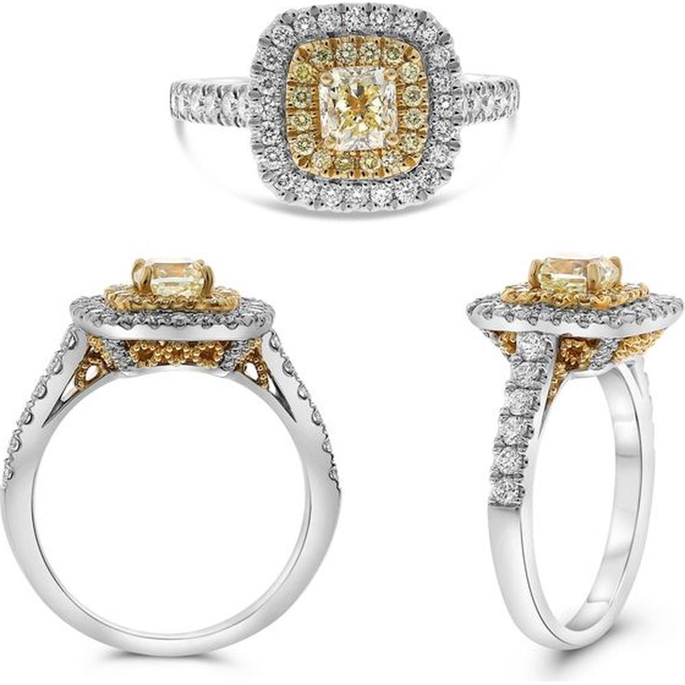 Roman & Jules - 18K White and Yellow Gold Cushion Cut Fancy Yellow Diamond Ring with Diamond Halo - 0.71 Carat Total Diamond Weight