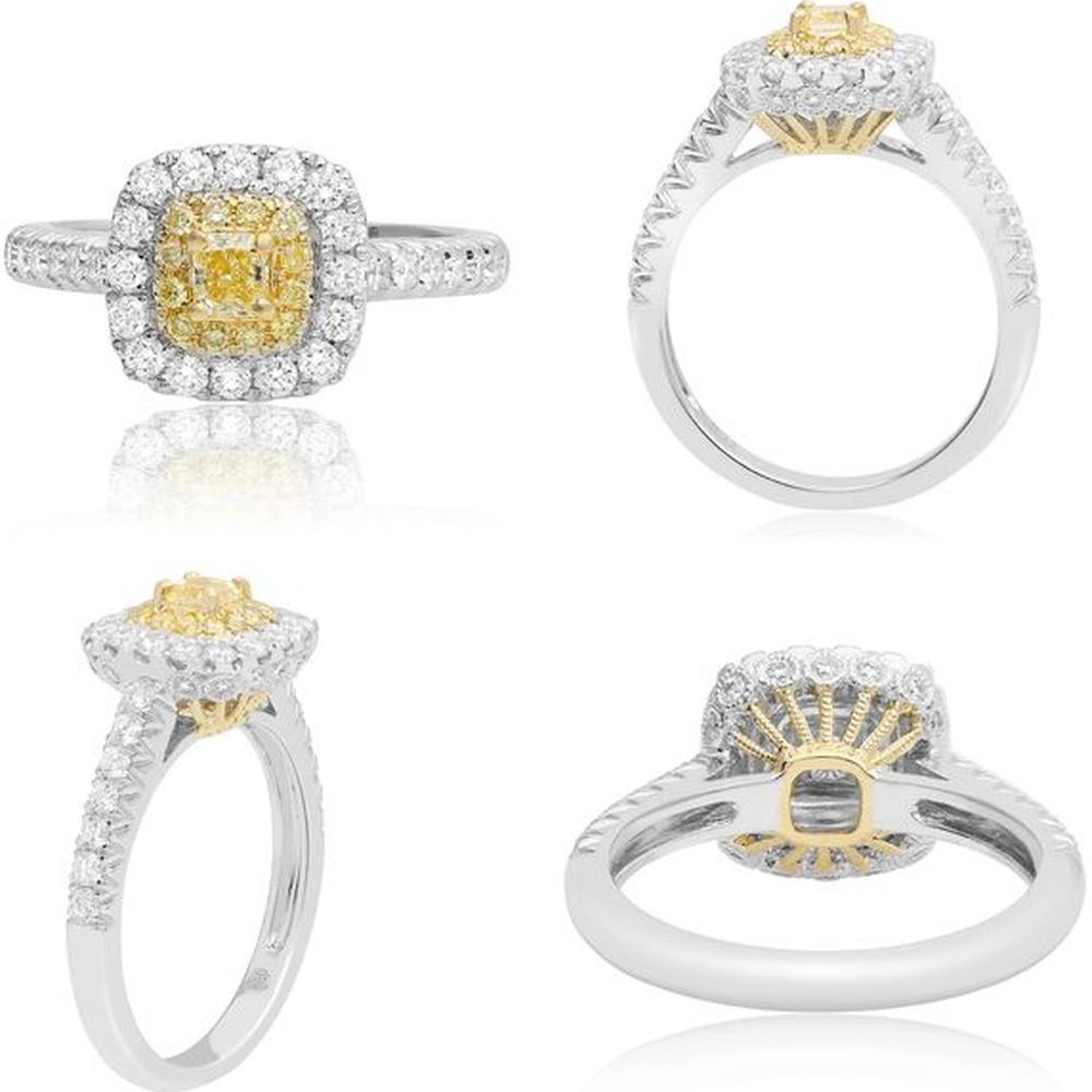 Roman & Jules - 18K White and Yellow Gold Cushion Cut Fancy Yellow Diamond Ring with Double Halo Design - 1.02 Carat Total Diamond Weight