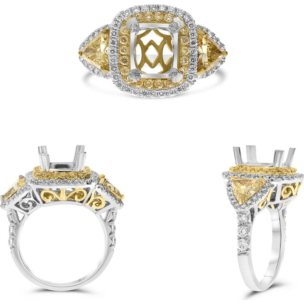 Roman & Jules - 18K White & Yellow Gold Cushion Cut Fancy Yellow Diamond Ring with Halo - 1.23 Carat Total Diamond Weight