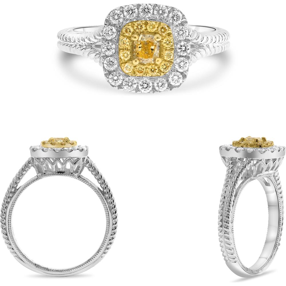 Roman & Jules - 18K White and Yellow Gold Cushion Cut Fancy Yellow Diamond Ring with Halo of Round Brilliant Diamonds - 0.39 Carat Total Diamond Weight