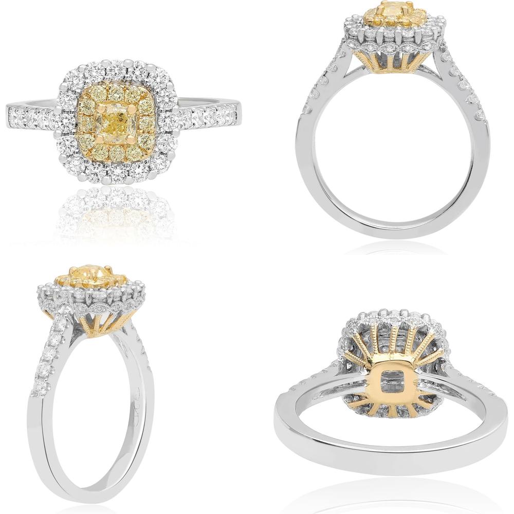 Roman & Jules - 18K White and Yellow Gold Cushion Cut Fancy Yellow Diamond Ring with Halo of Round Diamonds - 0.56 Carat Total Diamond Weight