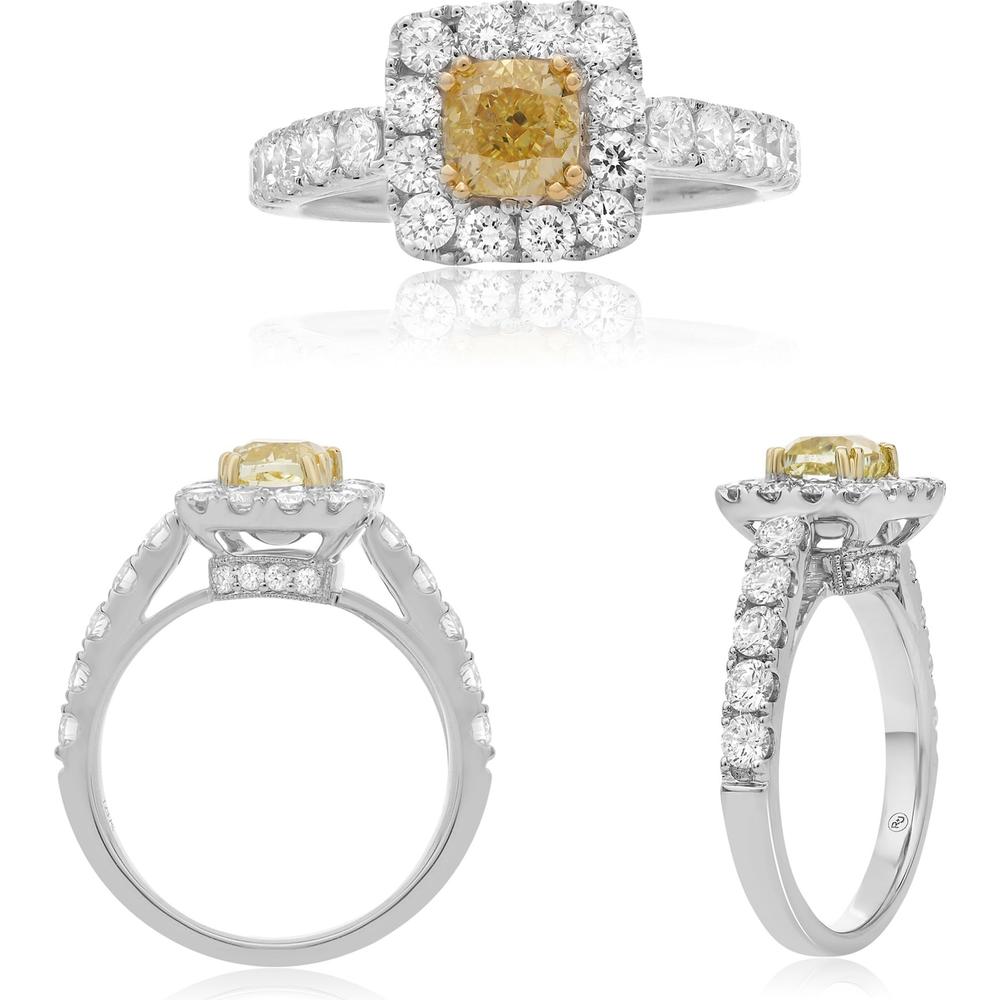 Roman & Jules - 18K White and Yellow Gold Cushion Cut Fancy Yellow Diamond Ring with Halo of Round Diamonds - 1.20 Carat Total Diamond Weight