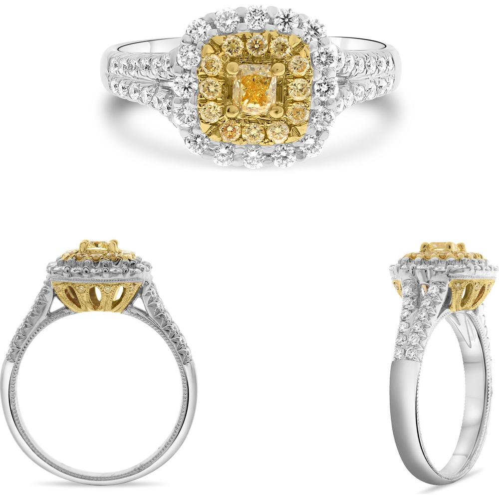 Roman & Jules - 18K White and Yellow Gold Cushion-Cut Fancy Yellow Diamond Ring with Halo of Round White Diamonds - 0.18 Carat Fancy Yellow, 0.49 Carat White Diamonds