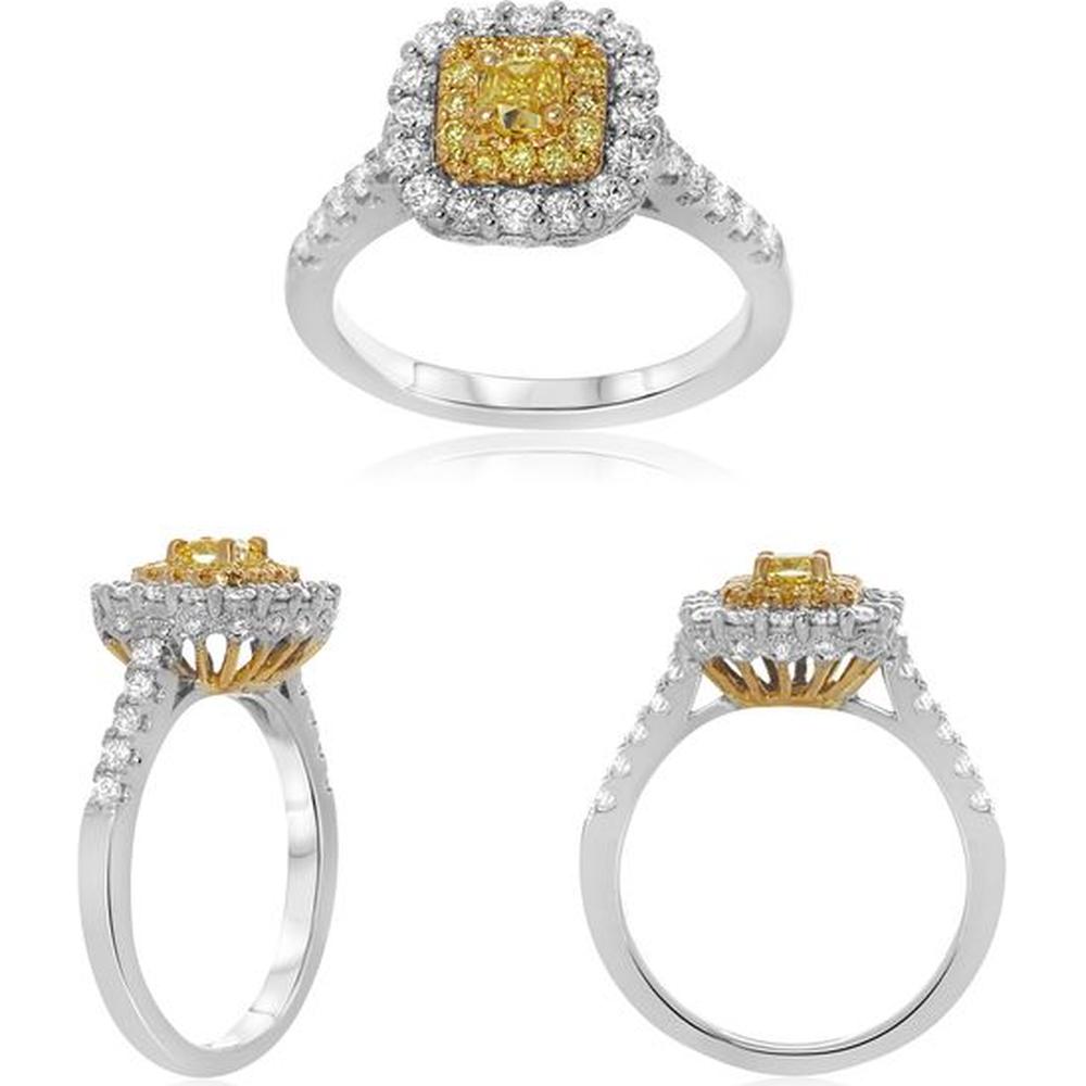 Roman & Jules - 18K White and Yellow Gold Cushion Cut Fancy Yellow Diamond Ring with Round and Radiant Cut Diamonds - 1.11 Carat Total Diamond Weight
