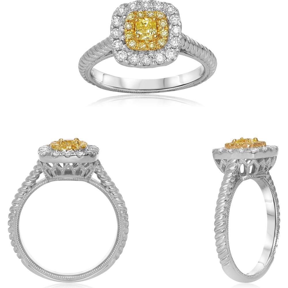 Roman & Jules - 18K White and Yellow Gold Cushion Cut Fancy Yellow Diamond Ring with Round Diamond Halo - 0.27 Carat Total Diamond Weight
