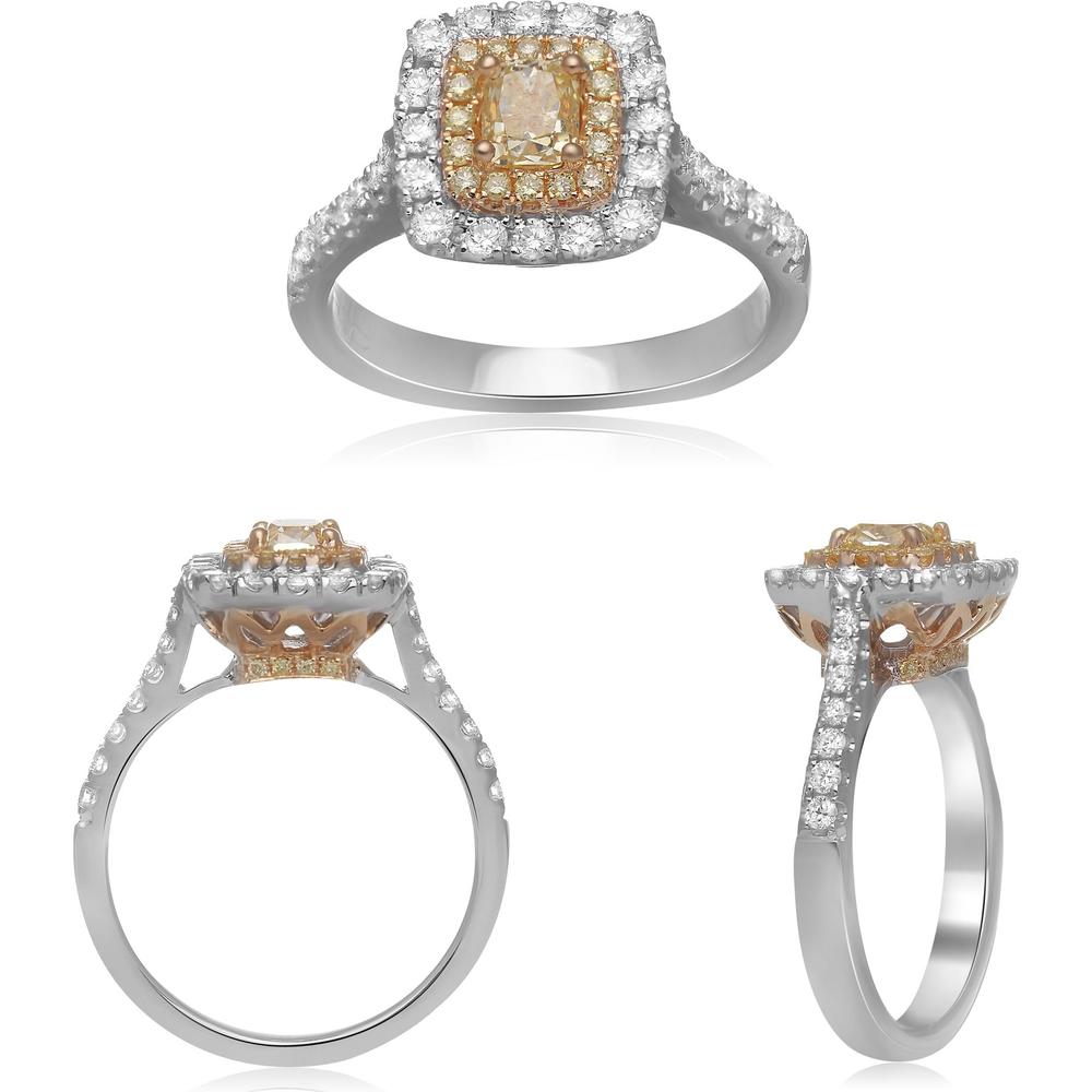 Roman & Jules - 18K White and Yellow Gold Cushion Cut Fancy Yellow Diamond Ring with Round Diamond Halo - 0.47 Carat Total Diamond Weight
