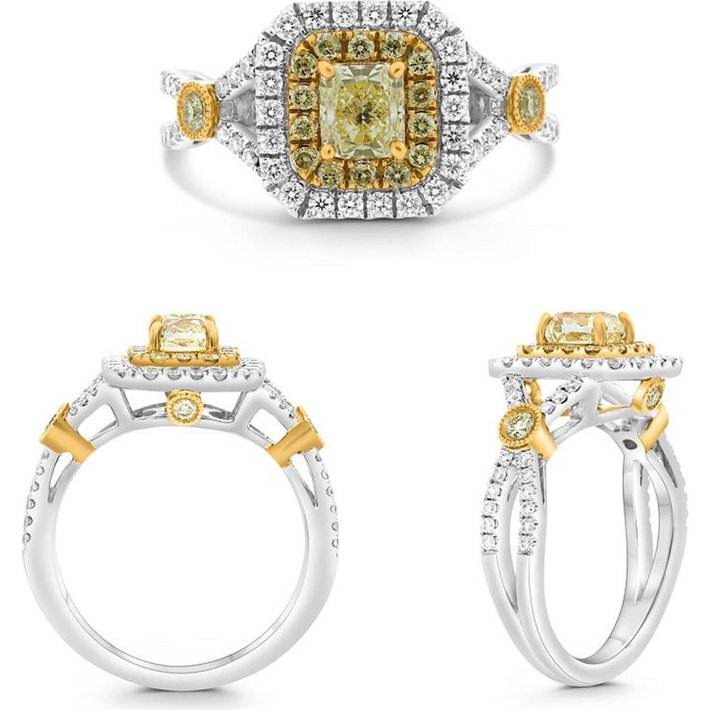 Roman & Jules - 18K White and Yellow Gold Cushion Cut Fancy Yellow Diamond Ring with Round Diamonds - 0.42 Carat Total Diamond Weight