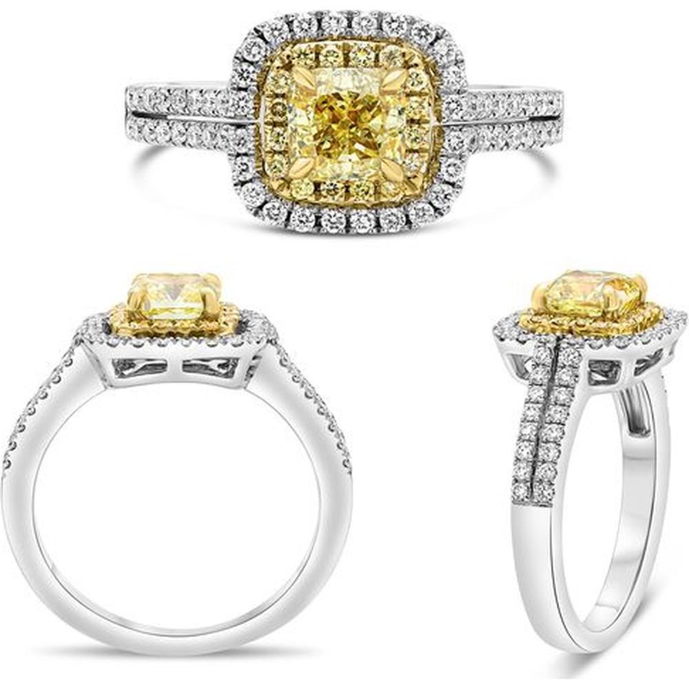 Roman & Jules - 18K White and Yellow Gold Cushion Cut Fancy Yellow Diamond Ring with Round Diamonds - 1.07 Carat Total Diamond Weight