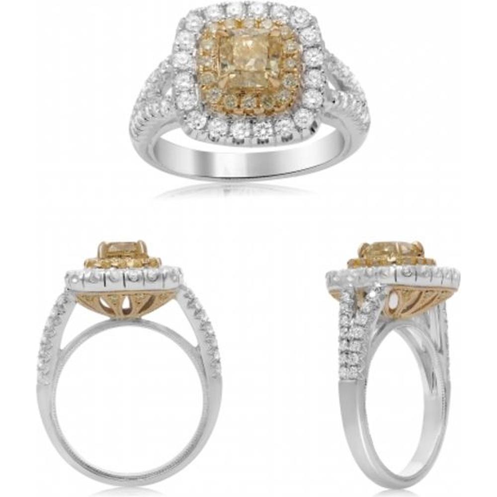Roman & Jules - 18K White and Yellow Gold Cushion Cut Fancy Yellow Diamond Ring with Round White Diamonds - 1.01 Carat Total Diamond Weight