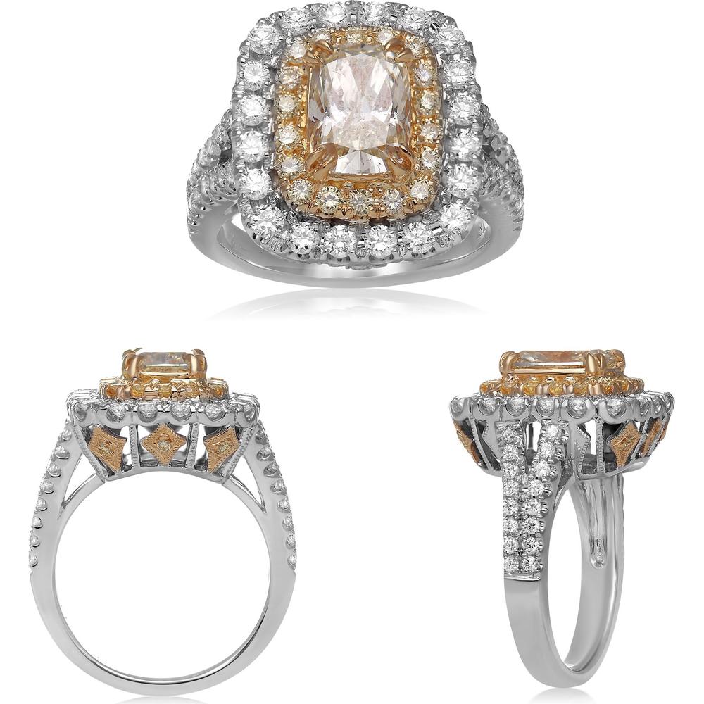 Roman & Jules - 18K White and Yellow Gold Cushion Cut Fancy Yellow Diamond Ring with Round White Diamonds - 1.77 Carat Total Diamond Weight