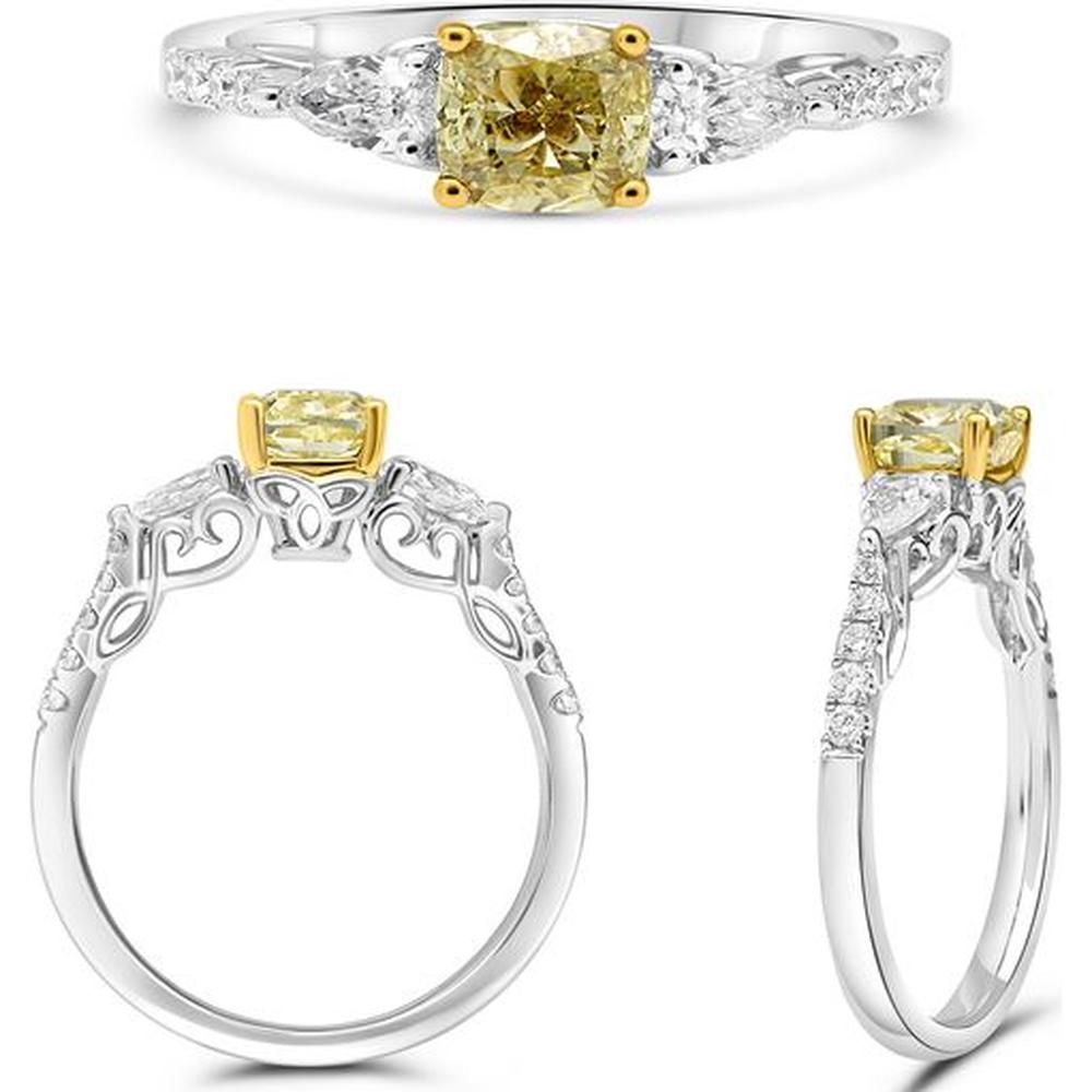 Roman & Jules - 18K White & Yellow Gold Cushion Cut Fancy Yellow Diamond Ring with Trillion Side Stones - 0.99 Carat Total Diamond Weight