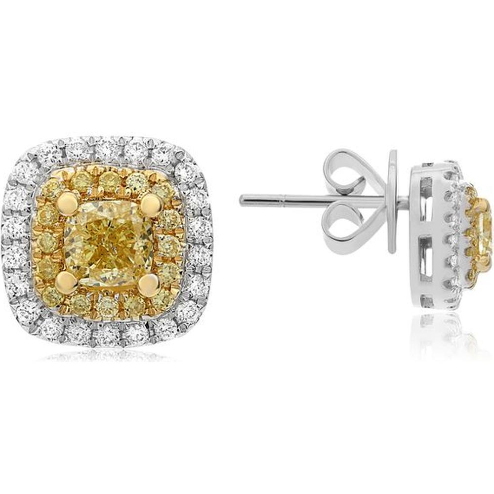 Roman & Jules - 18K White and Yellow Gold Cushion Cut Fancy Yellow Diamond Stud Earrings with Diamond Halo - 0.24 Carat Total Diamond Weight