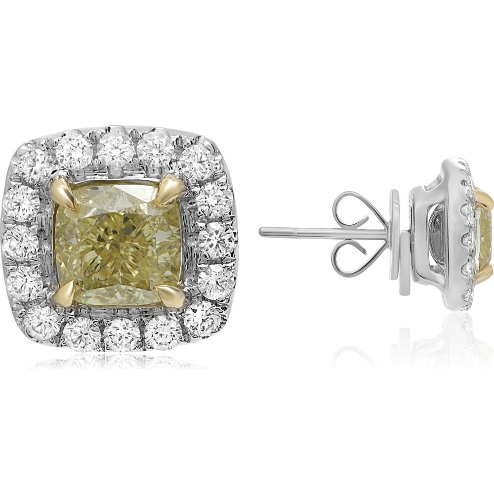 Roman & Jules - 18K White and Yellow Gold Cushion Cut Fancy Yellow Diamond Stud Earrings with Round Diamond Halo - 1.03 Carat Total Diamond Weight