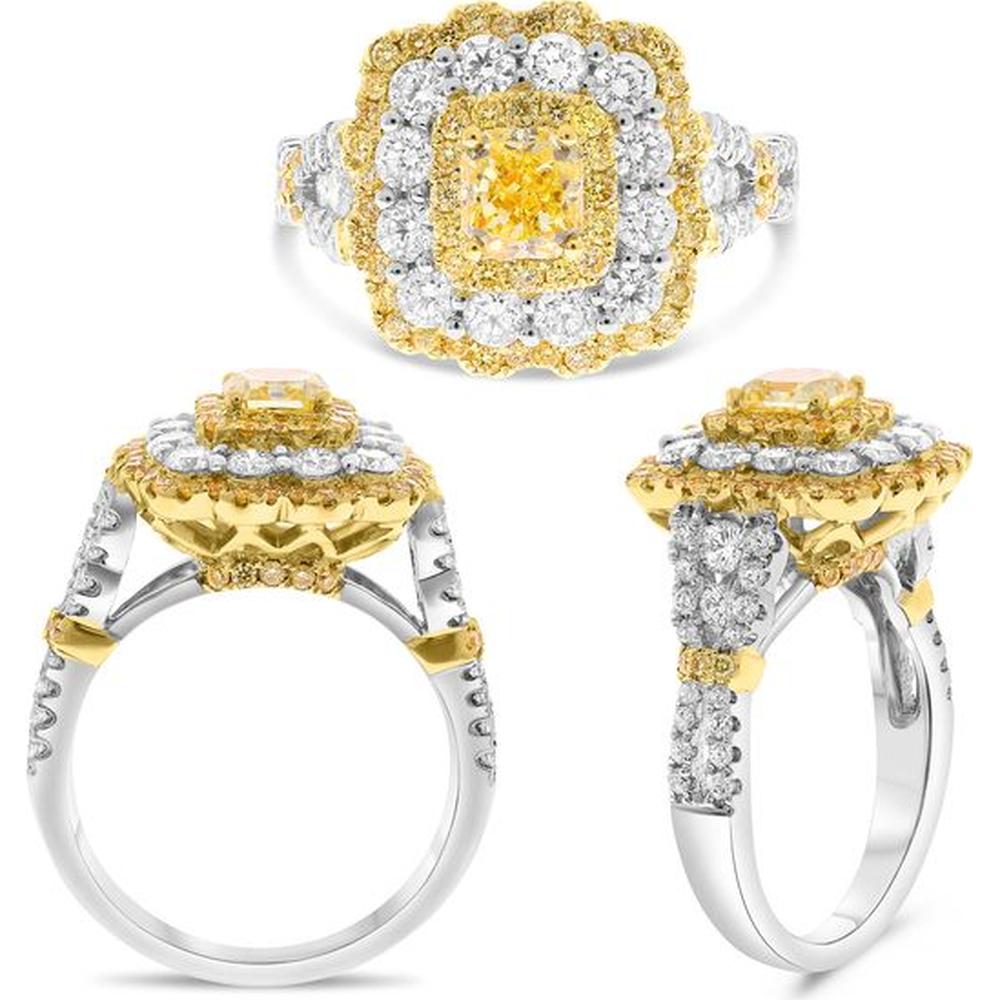 Roman & Jules - 18K White and Yellow Gold Cushion-Cut Fancy Yellow Diamond Triple Halo Ring with Round Diamonds - 1.63 Carat Total Diamond Weight
