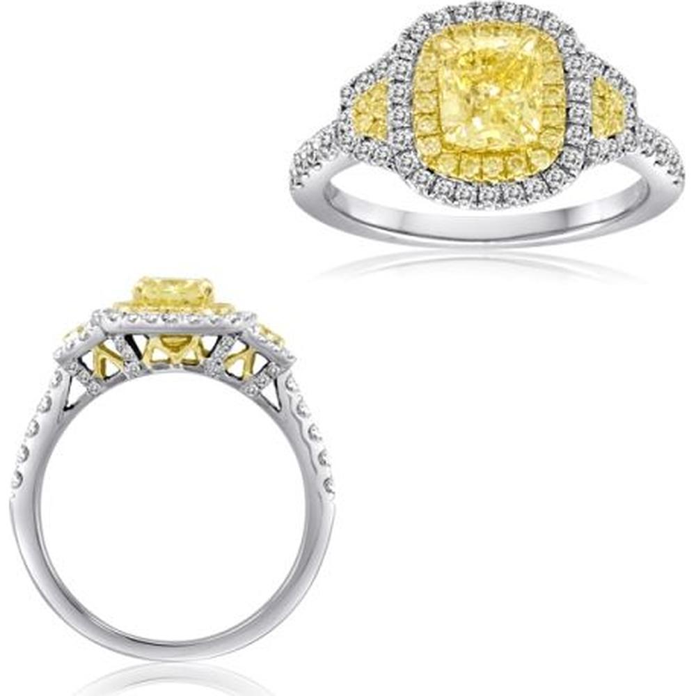 Roman & Jules - 18K White and Yellow Gold Cushion Fancy Yellow Diamond Halo Ring - 0.56 Carat Total Diamond Weight