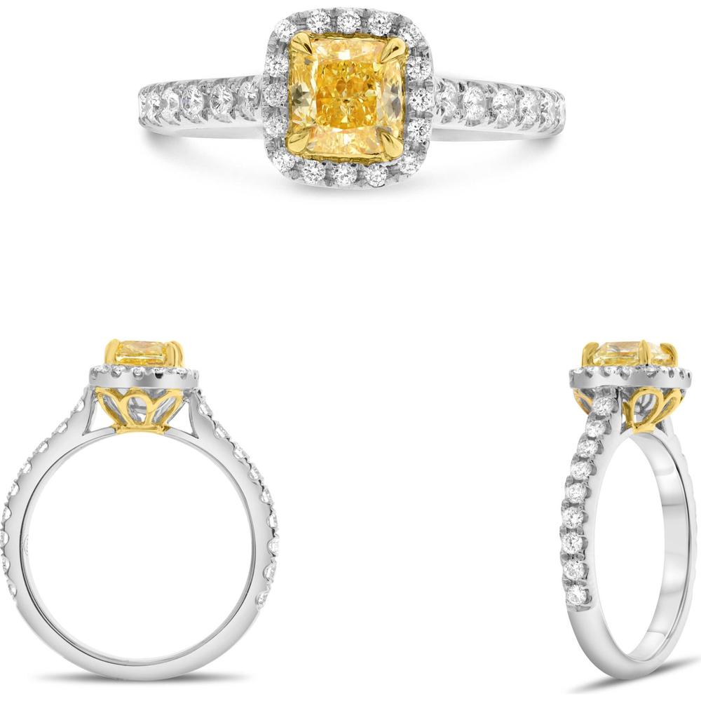 Roman & Jules - 18K White and Yellow Gold Cushion Fancy Yellow Diamond Halo Ring - 0.72 Carat Total Diamond Weight