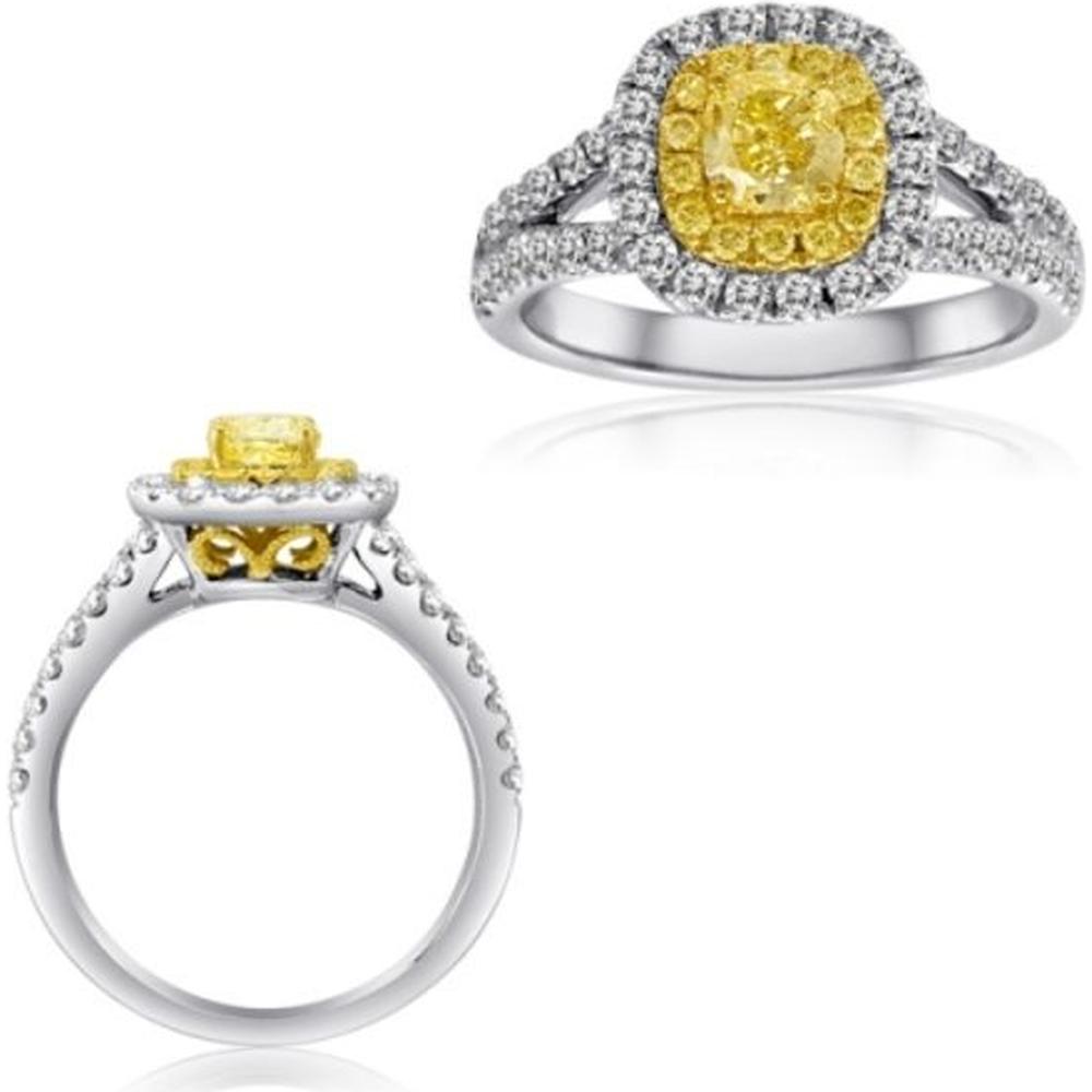 Roman & Jules - 18K White and Yellow Gold Cushion Fancy Yellow Diamond Halo Ring - 0.85 Carat Total Diamond Weight