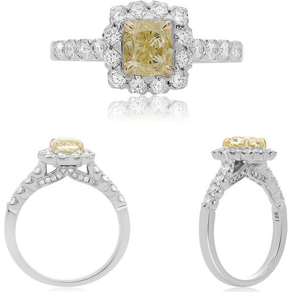 Roman & Jules - 18K White and Yellow Gold Cushion Fancy Yellow Diamond Halo Ring - 0.90 Carat Total Diamond Weight