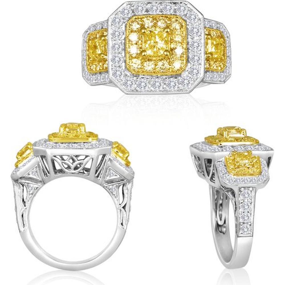 Roman & Jules - 18K White and Yellow Gold Cushion Fancy Yellow Diamond Halo Ring - 1.13 Carat Total Diamond Weight