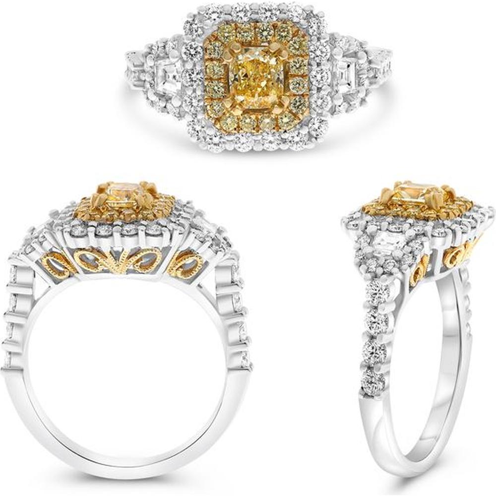 Roman & Jules - 18K White and Yellow Gold Cushion Fancy Yellow Diamond Halo Ring with Radiant Cut Yellow Diamond - 1.5 Carat Total Diamond Weight