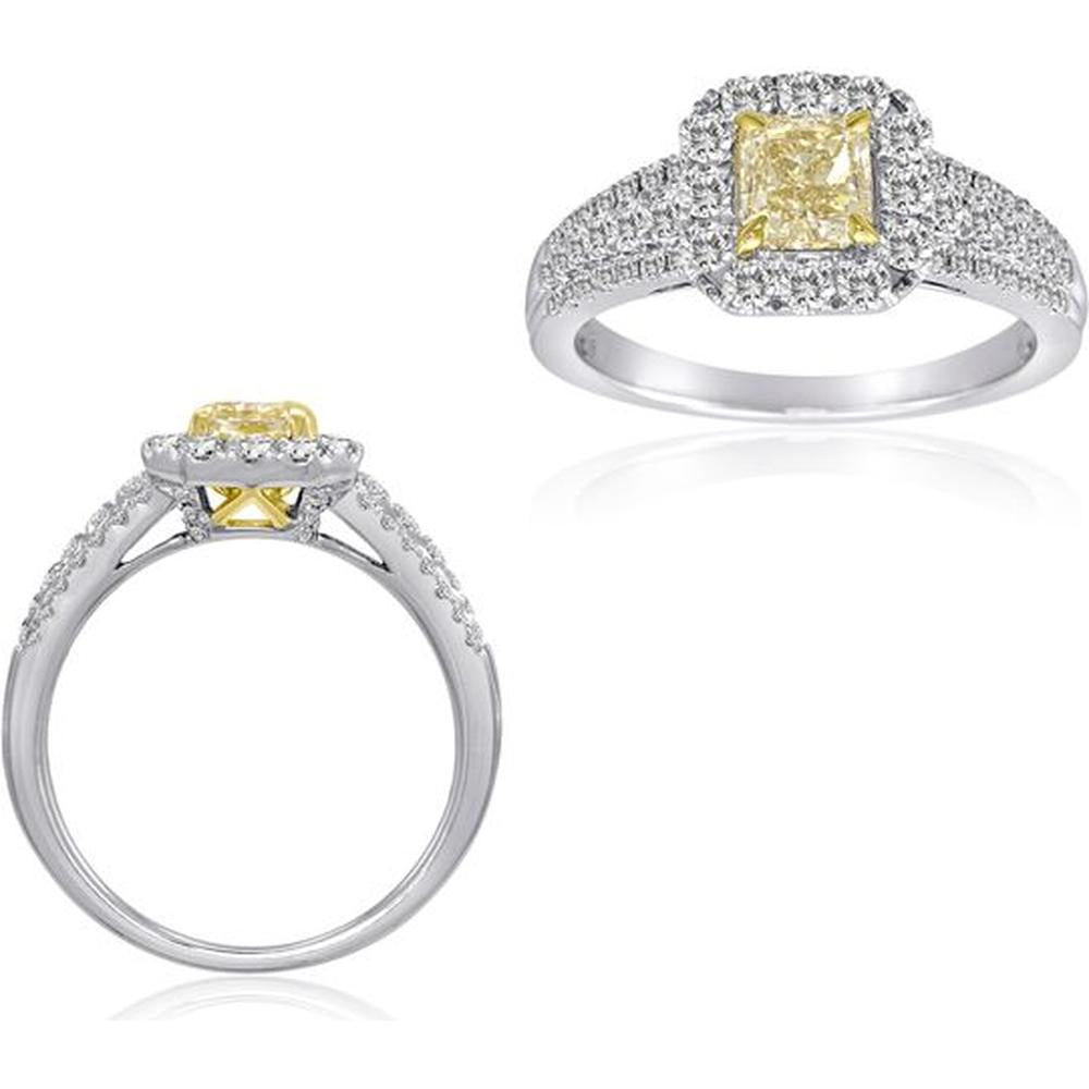 Roman & Jules - 18K White and Yellow Gold Cushion Fancy Yellow Diamond Halo Ring with Round Diamond Accents - 1.49 Carat Total Diamond Weight