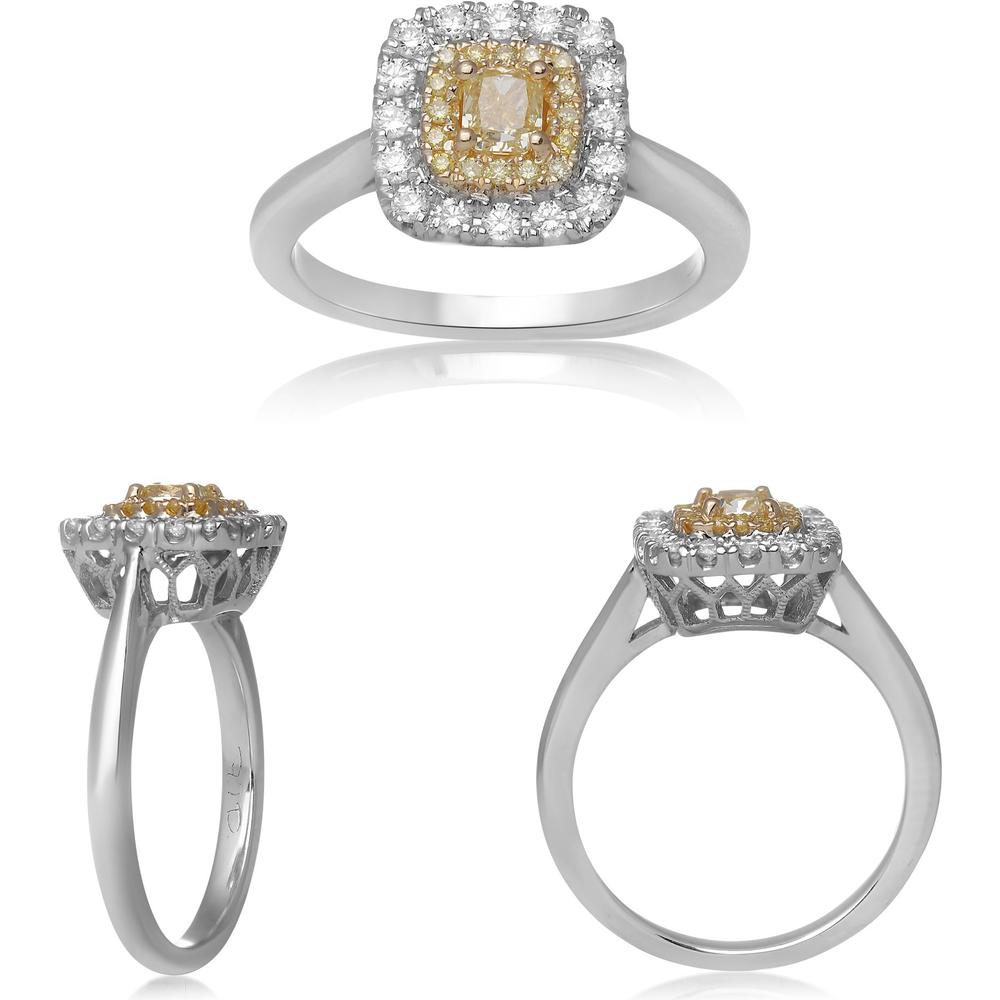 Roman & Jules - 18K White & Yellow Gold Cushion Fancy Yellow Diamond Halo Ring with Round Diamonds - 0.68 Carat Total Diamond Weight